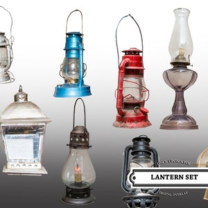 May include: A collection of vintage lanterns in various colors and designs. The lanterns include a silver wire-caged lantern, a blue lantern, a red lantern, a purple glass lantern, a white and silver lantern, a black lantern, and a gold lantern. The image includes the text "LANTERN SET".