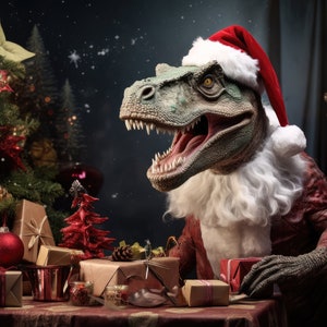 T-Rex Christmas Digital Backdrop Santa Dinosaur Digital Background, Kids Holiday Dino Digital Backdrop Digital Scrapbook Download Composite