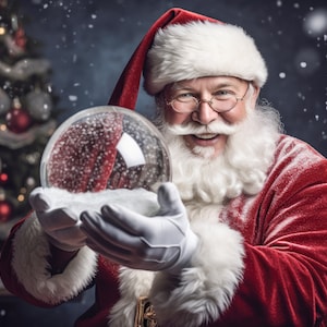 Sfondo digitale, Sfondi natalizi, Babbo Natale che tiene in mano un globo di neve Sfondo digitale, Sfondo natalizio per compositi Globo di neve su misura