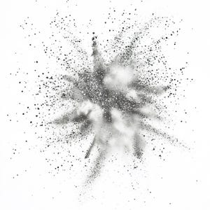 May include: A black and white image of a powder explosion against a white background. The powder is dispersed in a cloud-like shape with a burst of white in the center.