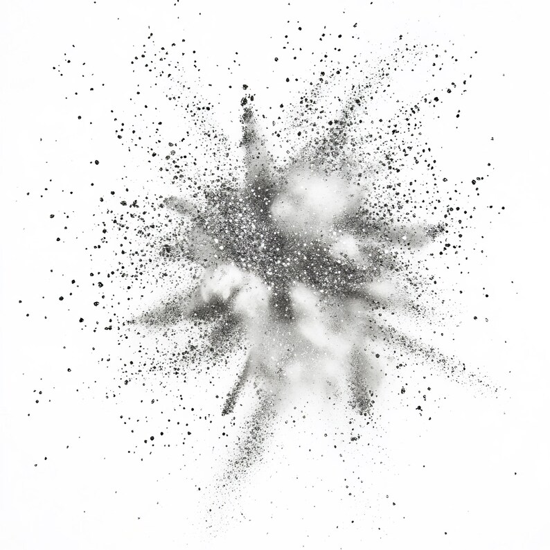 May include: A black and white image of a powder explosion against a white background. The powder is dispersed in a cloud-like shape with a burst of white in the center.