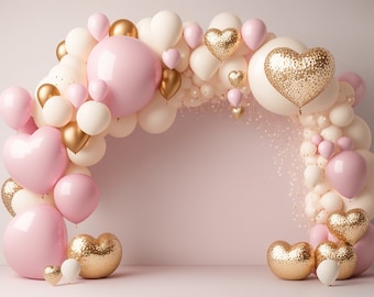 Fondo digital rosa brillante con arco de globos, fondo digital con forma de corazón, cumpleaños, niño pequeño, recién nacido, maternidad, superposición, Jpeg, Photoshop, compuesto