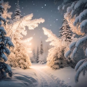 Toile de fond numérique, arbres enneigés de nuit fond numérique toile de fond de Noël ! Idéal pour les cartes de vacances Toile de fond des montagnes d'hiver picturales