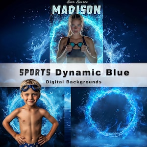 Peut inclure: Fond d'écran numérique avec un effet d'éclaboussure d'eau bleue. L'arrière-plan est parfait pour les photos de sport. Le texte "SPORTS Dynamic Blue" et "Digital Backgrounds" est affiché sur l'image.
