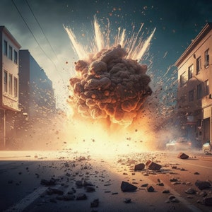 Könnte beinhalten: Eine künstlerische Darstellung einer Explosion in einer Stadtstraße. Eine große, wolkenartige Explosion dominiert die Mitte, mit Trümmern und Funken, die sich nach außen ausbreiten. Gebäude säumen die Straße, und Autos sind in der Ferne zu sehen.