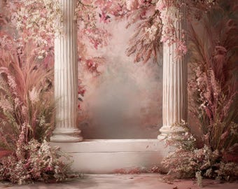 Pink Floral Dream Digital Backdrop: Old Masters Style, Cake Smash (Digital Download) Pillars