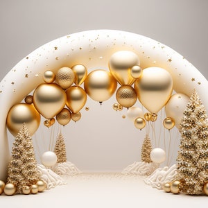 Pano de fundo digital dourado para bebê, natal, balão, arco, estúdio, cenário digital, cartão de família, foto de maternidade, sobreposição, photoshop