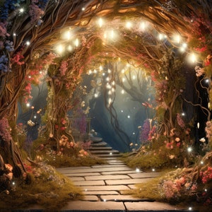 デジタル背景 妖精の輝き デジタル背景 絵画のような妖精の写真背景 魔法の森のアーチ 大きな窓の背景 木