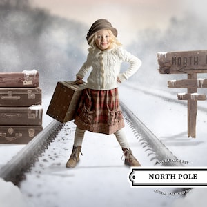 Christmas Digital Backdrop or Holiday Background, North Pole, Train Tracks, Vintage, Old Fashioned, Snow, Winter, Photoshop, Santa,