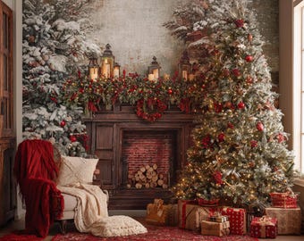 クリスマスツリーの暖炉デジタル背景：魔法の輝き（デジタル