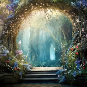 Chemin de fond numérique vers le pays des fées Toile de fond numérique Peinture féerique Photographie Toile de fond Arc de forêt magique Grande fenêtre Fond