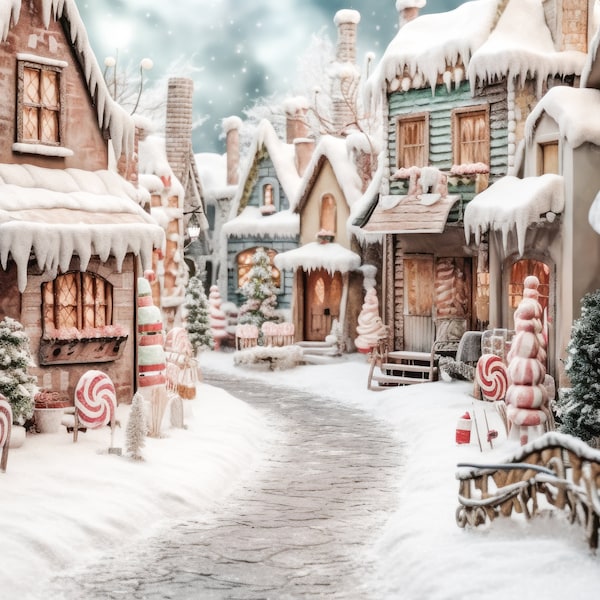 Christmas Digital Backdrop Painterly Santa's Village Digital Background Soft Artistic Christmas Digital Composite Backdrop Snowy Path