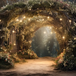デジタル背景 妖精のブライアアーチ デジタル背景 おとぎ話の写真の背景 魔法の森のドア 気まぐれな妖精の背景 フェイ