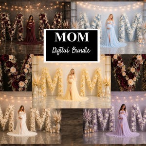 May include: A digital bundle of six photography backdrops featuring a person in a long gown standing in front of large floral letter M structures. Each scene displays a different color theme including burgundy, light blue, yellow, white, and lavender.