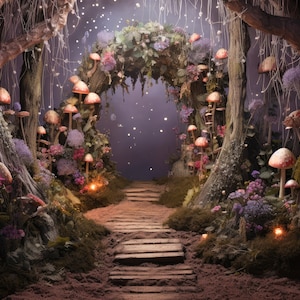 Toile de fond numérique Fée Fond numérique Lavande Mini Champignon Terre Peinte Fée Photographie Toile de fond Forêt magique Fond Arbres