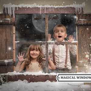 May include: Two children look out of a snowy window with a wooden frame. The window is decorated with icicles and snowflakes. The children are smiling and looking at something outside the window. The text "Magical Window" is visible at the bottom of the image.