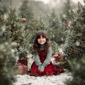 Könnte beinhalten: Ein junger Mensch in einem roten Kleid und einem grauen Pullover sitzt in einem verschneiten Weihnachtsbaumwald. Geschenke, verpackt mit rotem Band, sind zu sehen. Leichter Schneefall erzeugt eine festliche Winterszene.