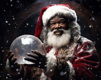 Digital Backdrop, Christmas Backgrounds, African American Santa Holding a Snow Globe Digital Backdrop, Composite Background Snowglobe