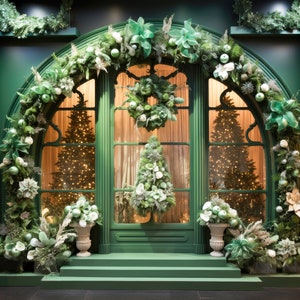 Weihnachten Hintergrund Digitaler Hintergrund, Trendy Grün Blumen Shop Familie Foto Karte Zusammengesetzte Photoshop Digitale Kulisse Fenster Urlaub