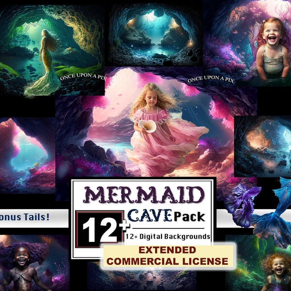 Mermaid Cave Digital Backgrounds, 12 Underwater Digital Backdrop BONUS Digital Tail Overlays Mermaid Scene for Photoshop Composite Birthday