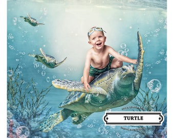 Giant Turtle Digital Background Ocean Backdrop Boys Girls Pets Composite Photoshop Backdrop, Swimming, Bubbles Mermaid, Bathroom Decoration