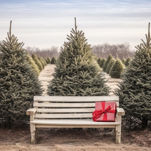 Sfondo fotografico per albero di Natale, panchina della fattoria, albero digitale, modello di lotto, sfondo, biglietto di auguri, ritratto, studio fotografico, servizio fotografico all'aperto