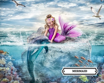 Mermaid Digital Background Dolphin Backdrop Whimsical Children's Composite for Photoshop Backdrop Whimsical, Ocean, fish, sea background