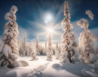 以下が含まれることがあります： 星空の下、雪に覆われた背の高い松の木が立ち並ぶ雪深い森の風景。月が明るく輝き、雪に覆われた地面に光を投げかけている。