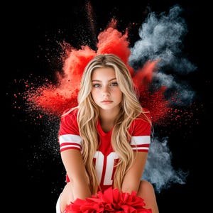 May include: A young woman in a red and white cheerleading uniform with a red pom-pom in front of a red and white powder explosion.