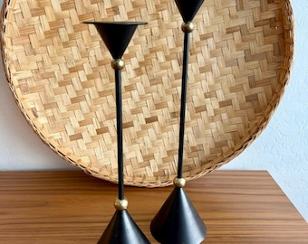 Set of 2 Brass & Black Metal Tall Skinny Vintage Candle Stick Holders