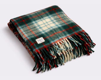 Manta vintage Paris Woolen Mills Stayton Oregon com franjas e estampa xadrez em lã.