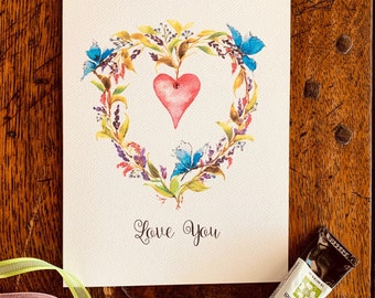 Valentine's Day card, Wedding card, Anniversary card, Floral watercolor