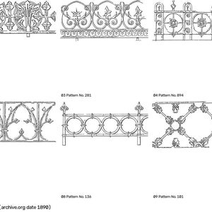 May include: A collection of ten black and white line drawings of metal railing panels labeled Pattern No. 113, 161, 281, 894, 52, 156, 48, 136, 181, and 400. The text at the bottom reads DRAFT - Railing Panels - Walter Macfarlane & Co., 1890s.
