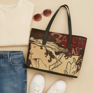 Art Nouveau Vegan Leather Tote Bag, Alphonse Mucha &#39;Salon of the Hundred&#39; print, Everyday Handmade Tote, Weekender Tote, Boho Tote,