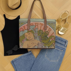 Art Nouveau Vegan Tote Bag, Alphonse Mucha Print, Boho Chic Shoulder bag, Faux Leather Purse, Retro Gift for Her, Weekend Bag