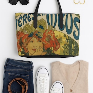 Art Nouveau Alphonse Mucha&#39;s &#39;Bières de la Meuse&#39; Tote, Vegan Leather Bag, Boho Inspired Bag, Handmade Tote, Gift for Her, Weekend Bag,