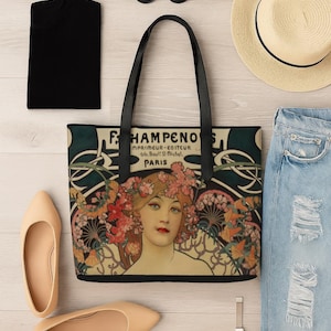 Art Nouveau Vegan Leather Tote Bag, Alphonse Mucha&#39;s &#39;Reverie&#39; Print, Handmade Tote Bag, Weekender Bag, Boho Gift