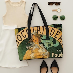 Art Nouveau Alponse Mucha &#39;Chocolat Idéal&#39; Tote, Boho Handbag, Vegan Leather Bag, Handmade Boho Bag, Stylish Everyday Bag, Weekend Bag,