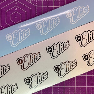 May include: Two sheets of sticker paper with the word "Elite" printed on them. The top sheet is light blue with white lettering. The bottom sheet is white with black lettering. Both sheets have a small "P" in front of the word "Elite".