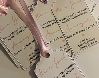 Small Heart Detail Birth Announcement  Personalised Favour Tags - All Colours