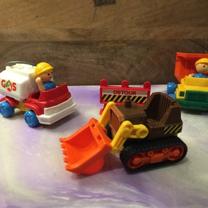 Vintage 1985  L&#39;il Playmates Construction Lot Dozer, Gas Truck and Dump Truck  Little Playmates Figure / Vehicle Lot - 80&#39;s Nostalgia
