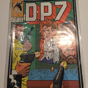 May include: A comic book cover featuring a red and yellow title "DP7" with the words "new universe" above and below. The cover depicts a man with a gun aiming at a target with a man's face on it. The target is surrounded by bullet holes. The comic book is from Marvel Comics and is dated 8 June.