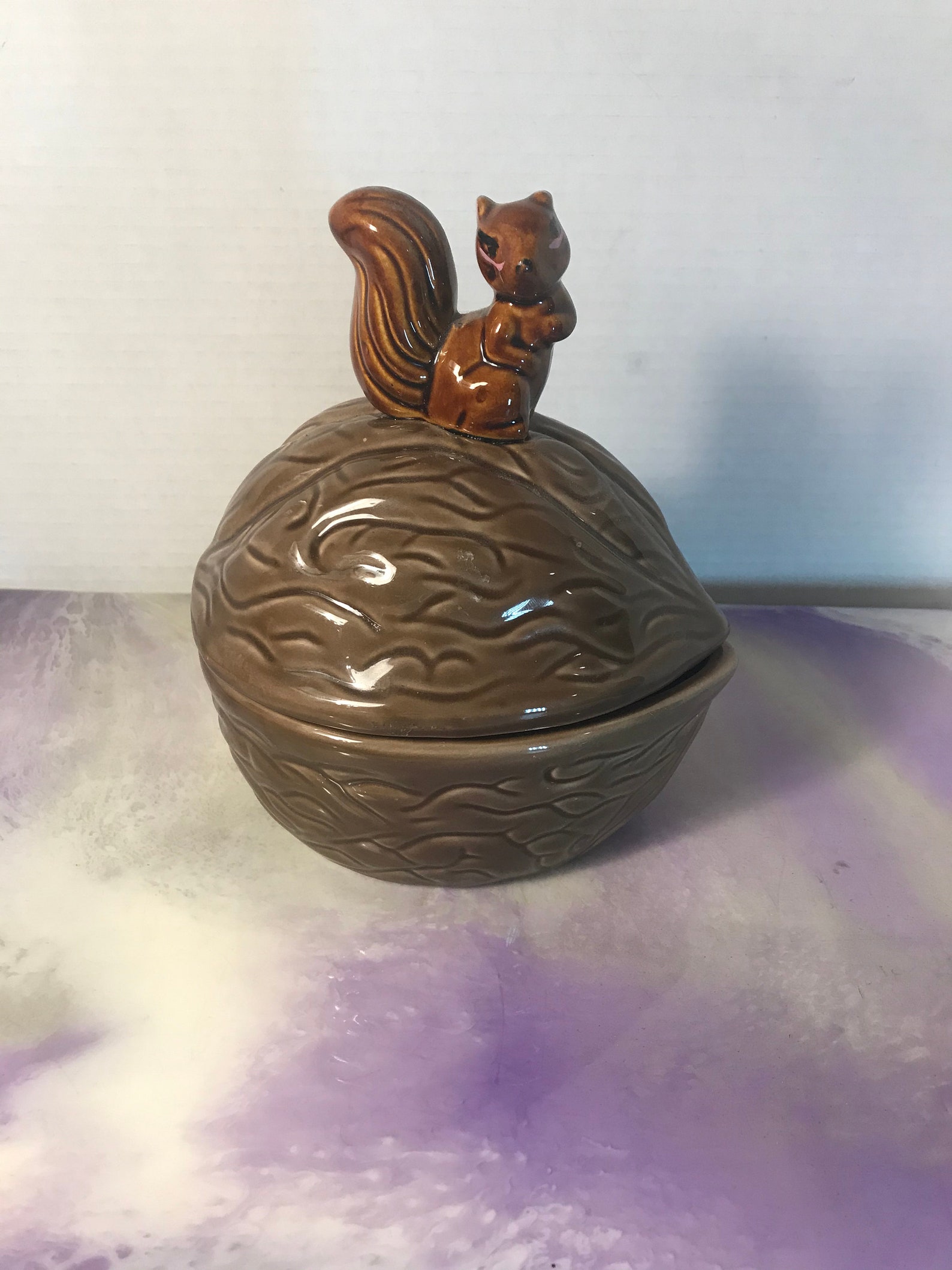 Vintage Ceramic Squirrel on Walnut Covered Nut Dish Retro Nut Etsy