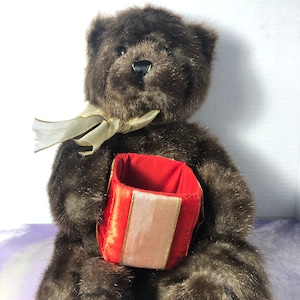 Vintage GUND Teddy Bear - Brown Bear Holding Red Box - Vintage 1980&#39;s GUND Bear - Super Cute