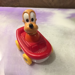 Vintage ILLCO Disney Mickey Mouse Pluto in Red Boat Toy - 1980s Rolling Toy Rare