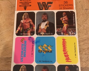 Vintage Titan Sports WWF Hulk Hulkamania Ultimate Warrior Ted Dibiase 36 Stickers Still Sealed 1991 in Package - Rare WWF 90&#39;s Era Nostalgia