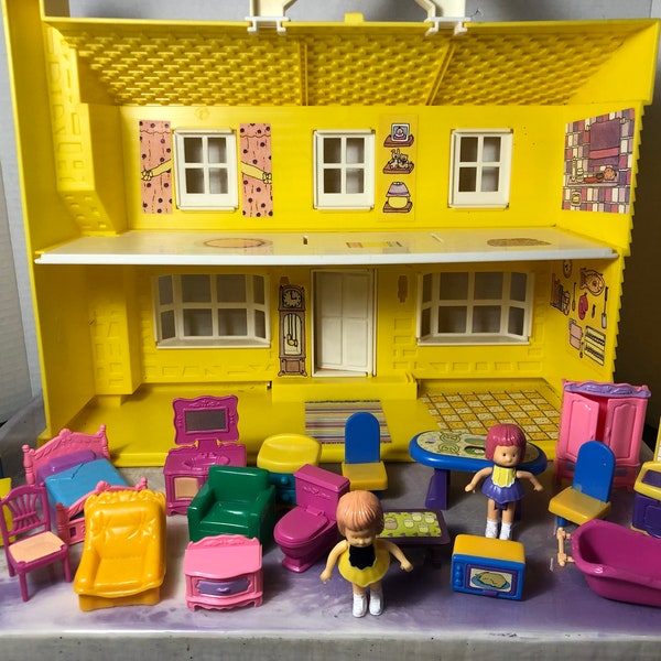 Vintage 1990's Made in China - Endeavour Industries Yellow Dollhouse with Lots of Accessories  Vintage Made in China Dollhouse Lot