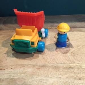 Vintage 90&#39;s Fisher Price Styled Construction Worker and Dump Truck Toy - Matchbox? Tyco? Little Playmates Vintage Kids Toy