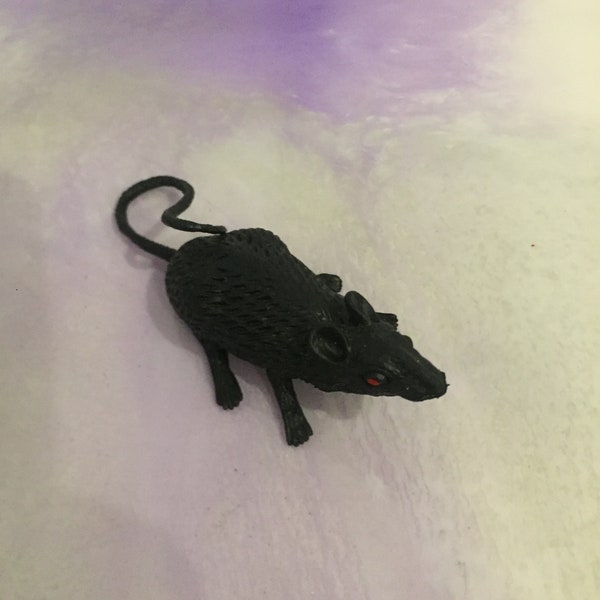 Vintage 1990s Black Rat Cake Topper Made In China - Halloween Rat PVC Toy Figure - Black with Red Eyes