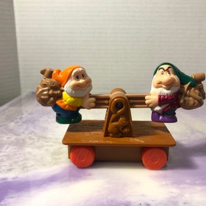 Vintage Disney Snow White Grumpy  and Happy pushing cart Figure PVC Cake Topper Rare Vintage Toy! Snow White Dwarves figure!